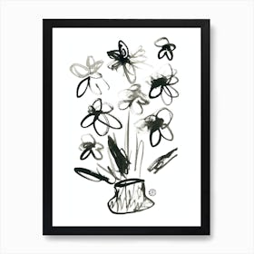 Inked Flowers - black and white minimal minimalist drawing line ink Art Print