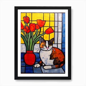 Tulips With A Cat 2 De Stijl Style Mondrian Art Print