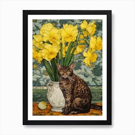 Daffodils With A Cat 4 William Morris Style Art Print