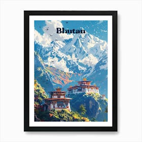 Bhutan Himalayas Travel Art Illustration Póster