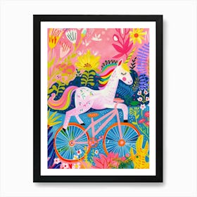 Floral Fauvism Style Unicorn Riding A Bike 4 Art Print