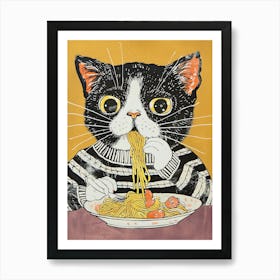 Black And White Cat Eating Pizza Folk Illustration 1 Art Print