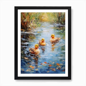 Ducklings Swimming In The River Impressionism 2 Art Print