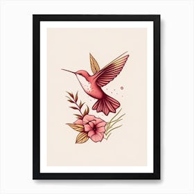 Hummingbird And Flowers Retro Minimal 2 Art Print
