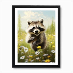 Cute Funny Bahamian Raccoon Running On A Field 1 Art Print