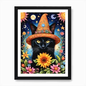 Magick Cat - Black Cat in Witch Witchy Hat Tarot Print - By Free Spirits and Hippies Official Wall Decor Artwork Hippy Bohemian Meditation Room Typography Groovy Trippy Psychedelic Boho Yoga Chick Gift For Her Art Print