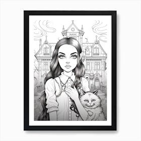 Nevermore Academy With Wednesday Addams And A Cat Line Art 0 Fan Art Art Print