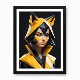 Low Poly Floral Fox Girl, Black And Yellow (1) Art Print