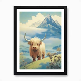 Blonde Animated Highland Cow With Mountain In The Background Art Print