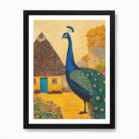 Peacock Outside A Thatched Cottage Illustration 2 Art Print