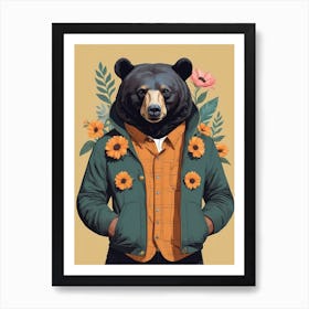 Floral Black Bear Portrait In A Suit (16) Art Print