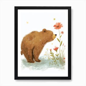 Brown Bear Sniffing A Flower Storybook Illustration 3 Art Print