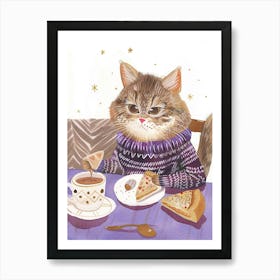 Brown Cat Having Breakfast Folk Illustration 2 Art Print