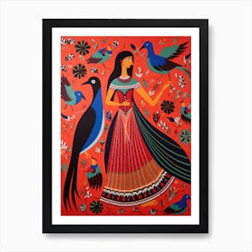 Indian Woman With Birds Art Print