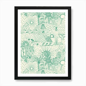 Hawaiian Toile Polynesian Hula Dance Tropical Landscape Emerald Green Cream White Art Print