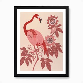 American Flamingo And Passionflowers Minimalist Illustration 2 Art Print