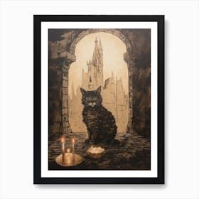 Cat & Candles Sat In Medieval Archway Art Print