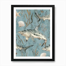 Pastel Blue Mako Shark Watercolour Seascape Pattern 2 Art Print