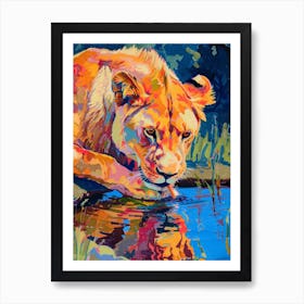Southwest African Lion Drinking From A Watering Hole Fauvist Painting 4 Art Print