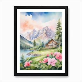 Watercolor Of A Mountain Cabin Art Print