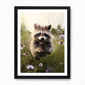 Cute Funny Common Raccoon Running On A Field Wild 4 Art Print