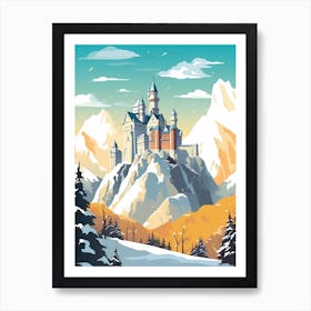 Vintage Winter Travel Illustration Schloss Neuschwanstein Germany 1 Art Print