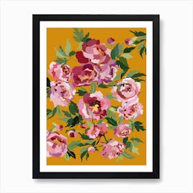 Happy Peony With Mustard Yellow Background Art Print