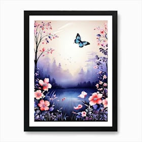 Butterfly And Flowers Wallpaper, A Butterfly Toned Design With Flowers And Leaves Trees And Birds A Beautiful And Simple Picture Wall art 1 Art Print