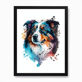 Cute Australian Shepherd Watercolor Portrait Art Print