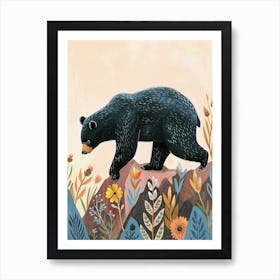 American Black Bear Walking On A Mountrain Storybook Illustration 1 Art Print