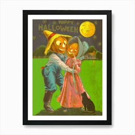 Jack O' Lantern With His Lady Under A Halloween Moon Art Print