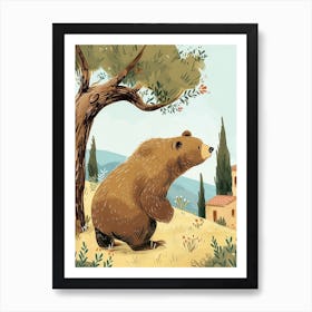 Brown Bear Scratching Its Back Against A Tree Storybook Illustration 1 Art Print