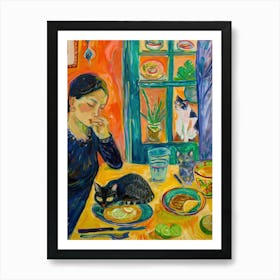 Portrait Of A Girl With Cats Eating Tacos 1 Art Print