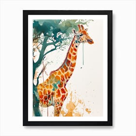 Giraffe Under The Acacia Tree Watercolour 1 Art Print