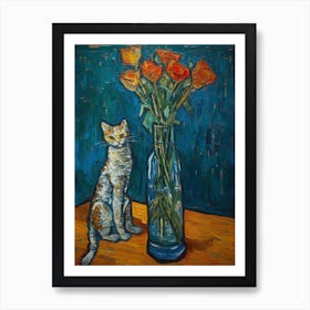 Still Life Of Gladoli With A Cat 1 Art Print