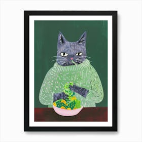 Blue Cat Eating Salad Folk Illustration 3 Art Print