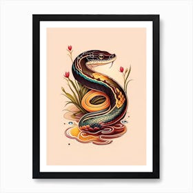 Brown Water Snake Tattoo Style Art Print
