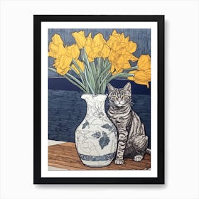 Drawing Of A Still Life Of Daffodils With A Cat 1 Art Print