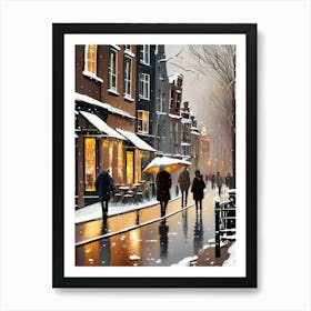 Amsterdam cafes, winter season, Christmas, autumn oil colors, pale colors, pedestrians in the street, winter clothes, falling snow.7 Art Print