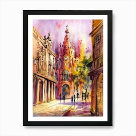 Watercolor Of Old City Barcelona Art Print