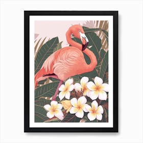 American Flamingo And Plumeria Minimalist Illustration 2 Art Print