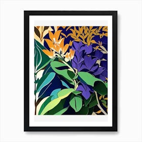 Rhododendron Leaf Colourful Abstract Linocut Art Print