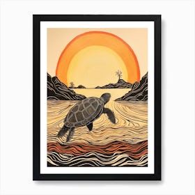Delicate Line Drawing Of Sea Turtle And Sunset Warm Tones Art Print
