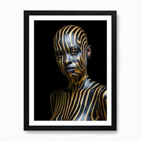 Artistic portrait of young extravagant bald woman with a black and yellow costume Art Print