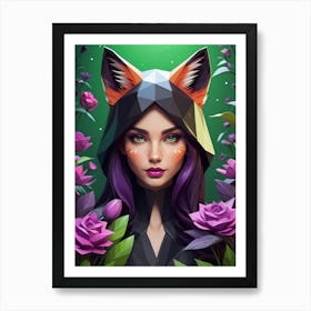 Low Poly Floral Fox Girl, Green (8) Art Print