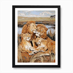 African Lion Relief Illustration Family 2 Art Print