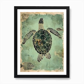 Sea Turtle & Fish Vintage Wallpaper Style Art Print