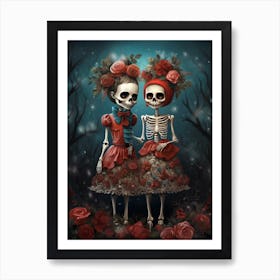Two Skeleton Girls Standing In Front Of A Christmas Art Print