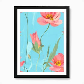 Pink Flowers On A Blue Background 1 Art Print