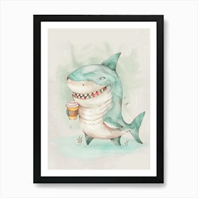 Shark With A Takeout Coffee Watercolour Illustration Art Print